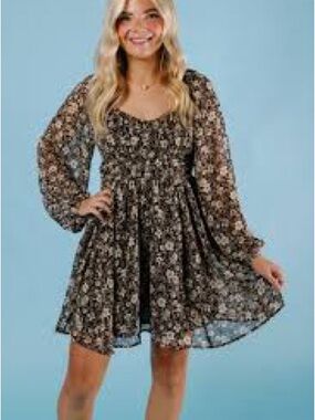 Dress Forum Black Floral Long-Sleeve Smocked Waist Mini Dress